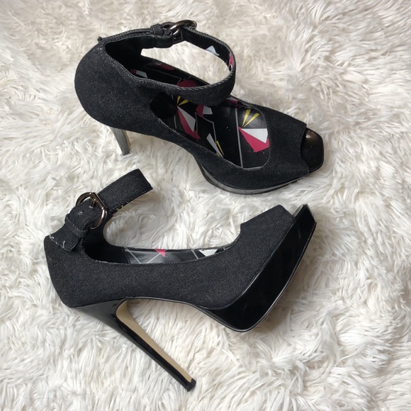 Bakers Denny Dark Denim Fabric  Platform Stilettos Ankle Strap Peep Toe Pump  7 - Picture 4 of 14